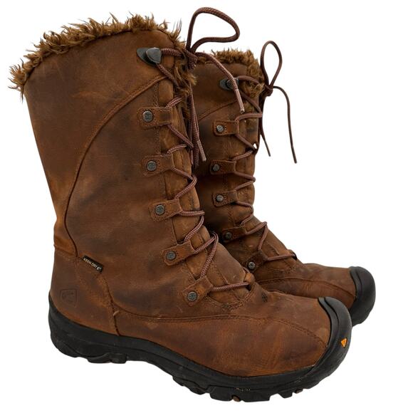 Keen Women's Brown Leather Bailey High Fur Lace Up Boots Size 10 - Picture 1 of 9
